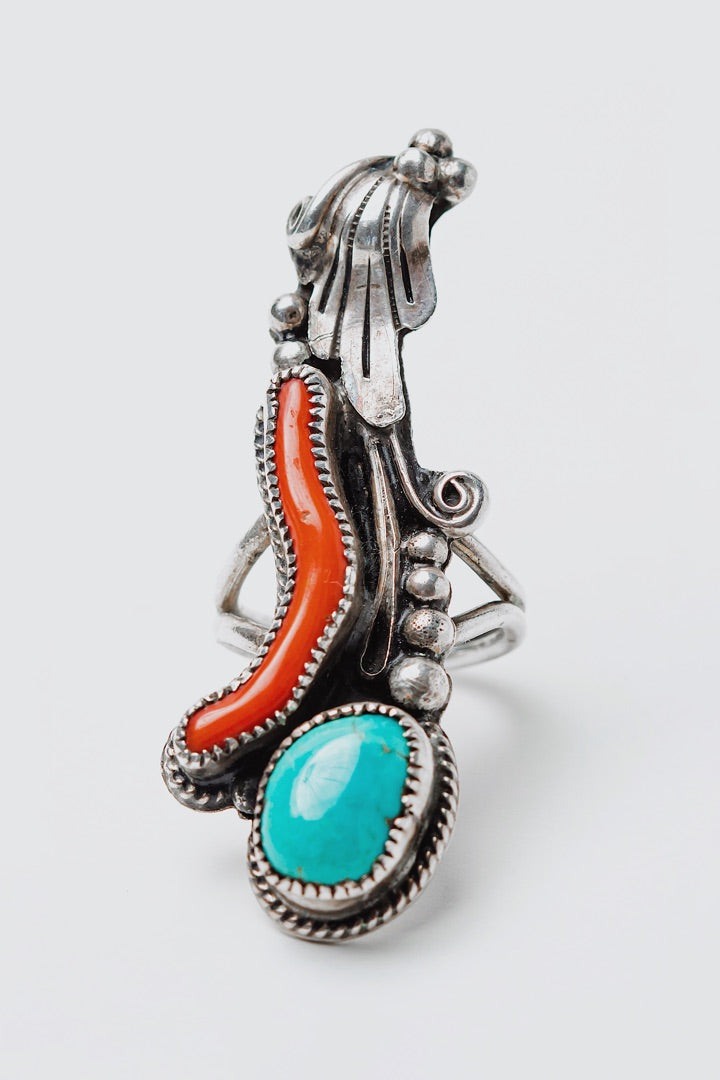 Squash Blossom Coral and Turquoise Ring
