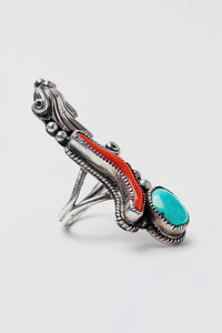 Squash Blossom Coral and Turquoise Ring